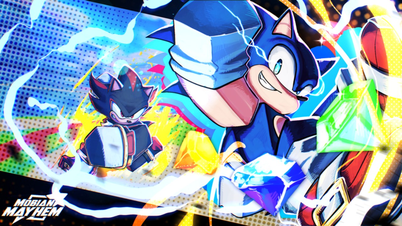 Official Mobian Mayhem art of Sonic and Shadow rushing through chaos energy